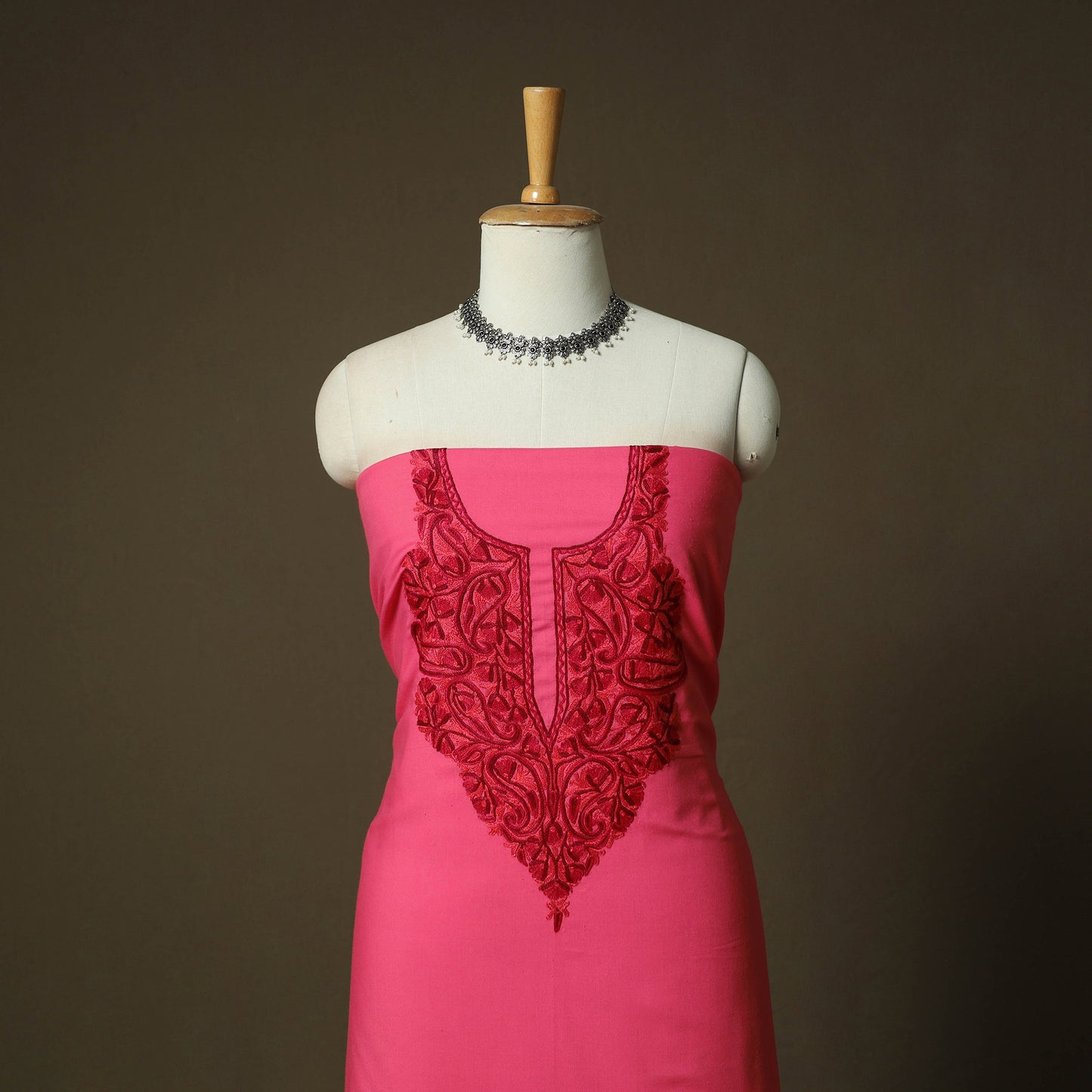 Pink - Aari Hand Embroidery Cotton 2pc Unstitched Dress Material Kurta Set 03