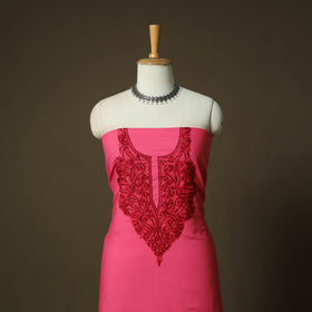 Pink - Aari Hand Embroidery Cotton 2pc Unstitched Dress Material Kurta Set 03