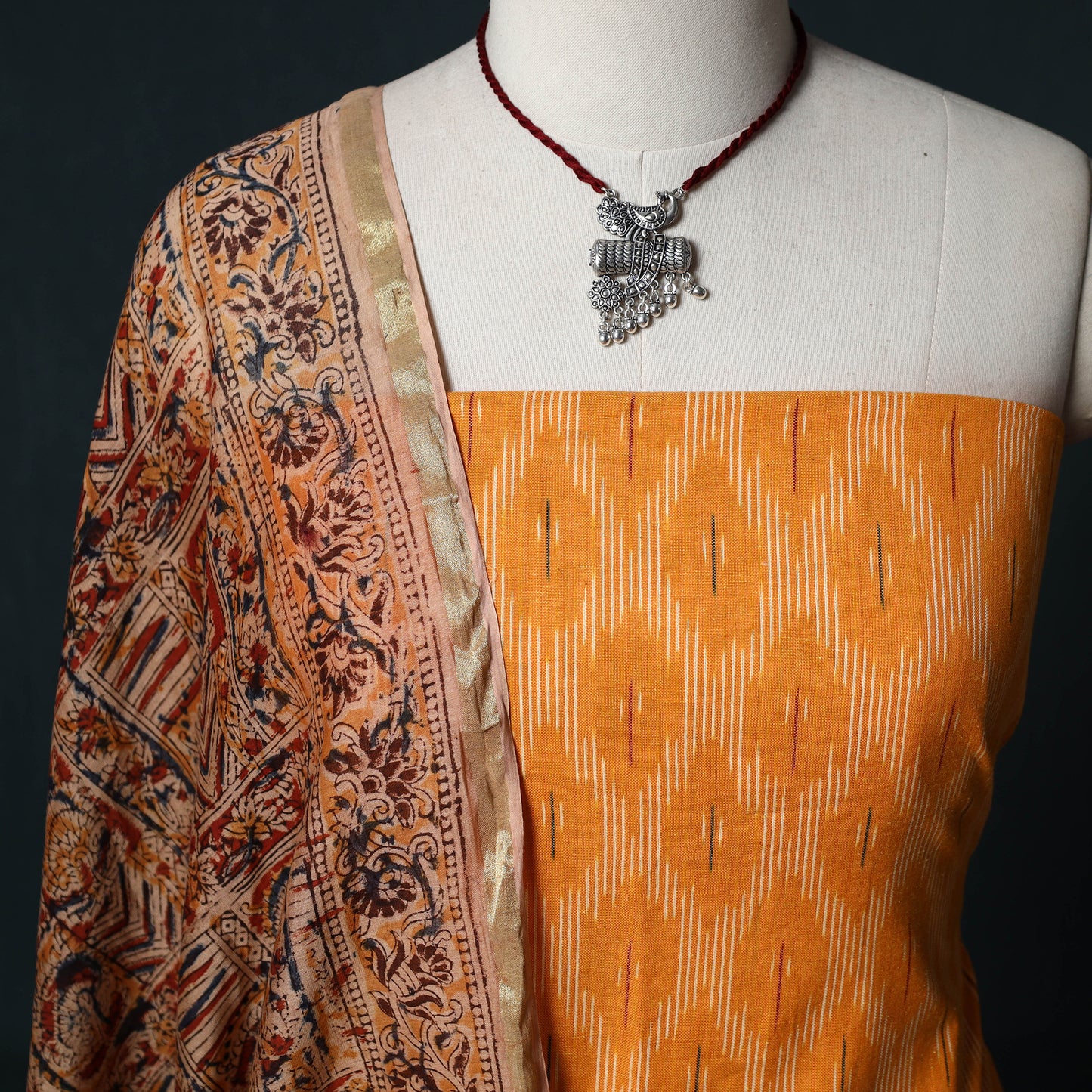 Pochampally Ikat Cotton 2pc Unstitched Dress Material Kurta Set with Jewellery 03