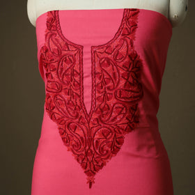 Pink - Aari Hand Embroidery Cotton 2pc Unstitched Dress Material Kurta Set 03