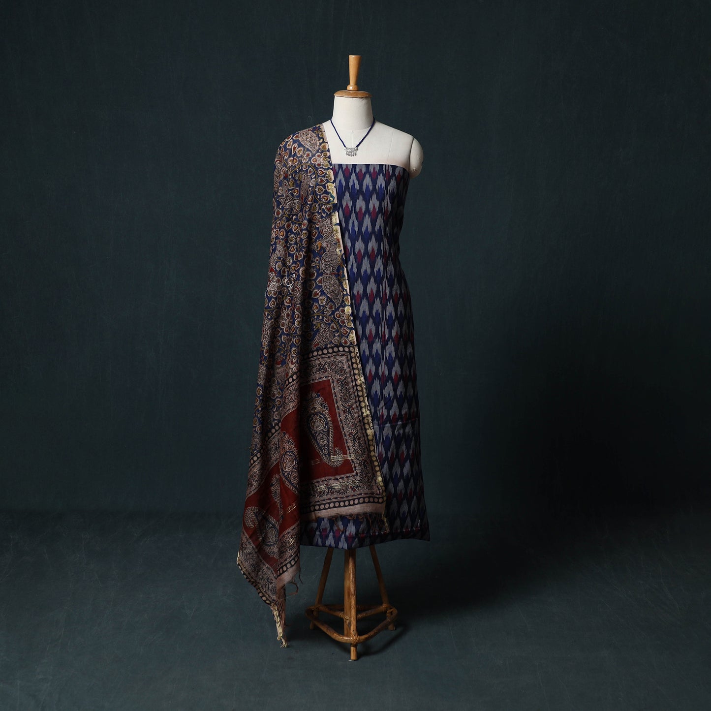 Pochampally Ikat Cotton 2pc Unstitched Dress Material Kurta Set with Jewellery 02