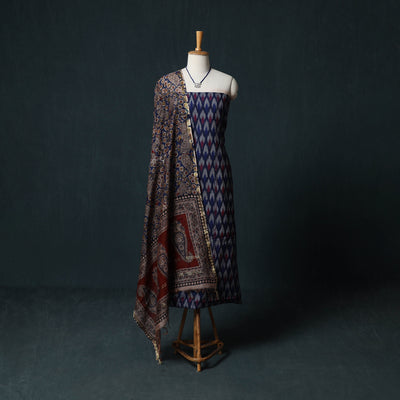 Pochampally Ikat Cotton 2pc Unstitched Dress Material Kurta Set with Jewellery 02