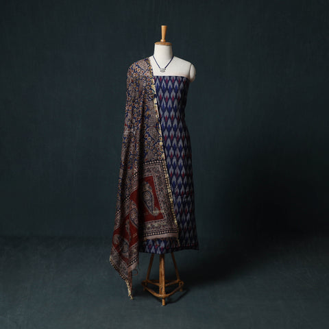 Pochampally Ikat Cotton 2pc Unstitched Dress Material Kurta Set with Jewellery 02