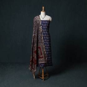 Pochampally Ikat Cotton 2pc Unstitched Dress Material Kurta Set with Jewellery 02