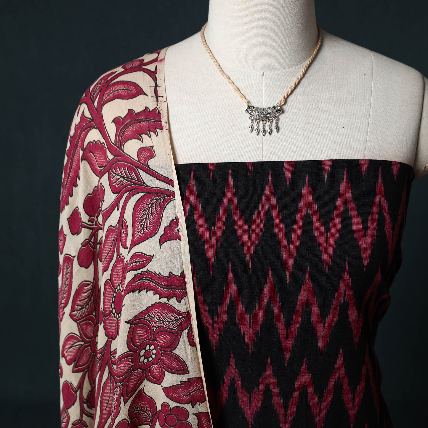 Pochampally Ikat Cotton 2pc Unstitched Dress Material Kurta Set with Jewellery 05