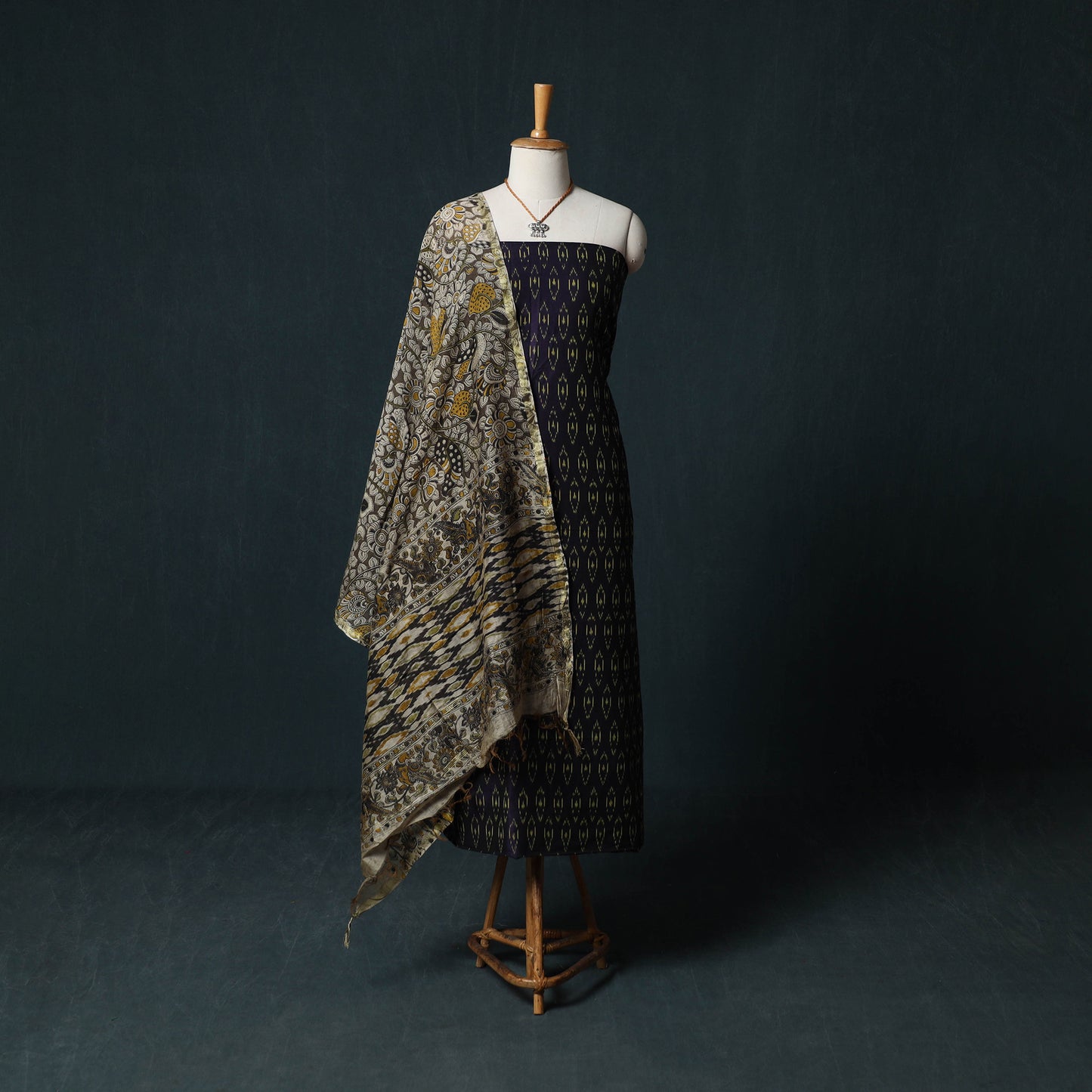 Pochampally Ikat Mercerised Cotton 2pc Unstitched Dress Material Kurta Set with Jewellery 06