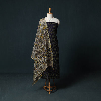 Pochampally Ikat Mercerised Cotton 2pc Unstitched Dress Material Kurta Set with Jewellery 06