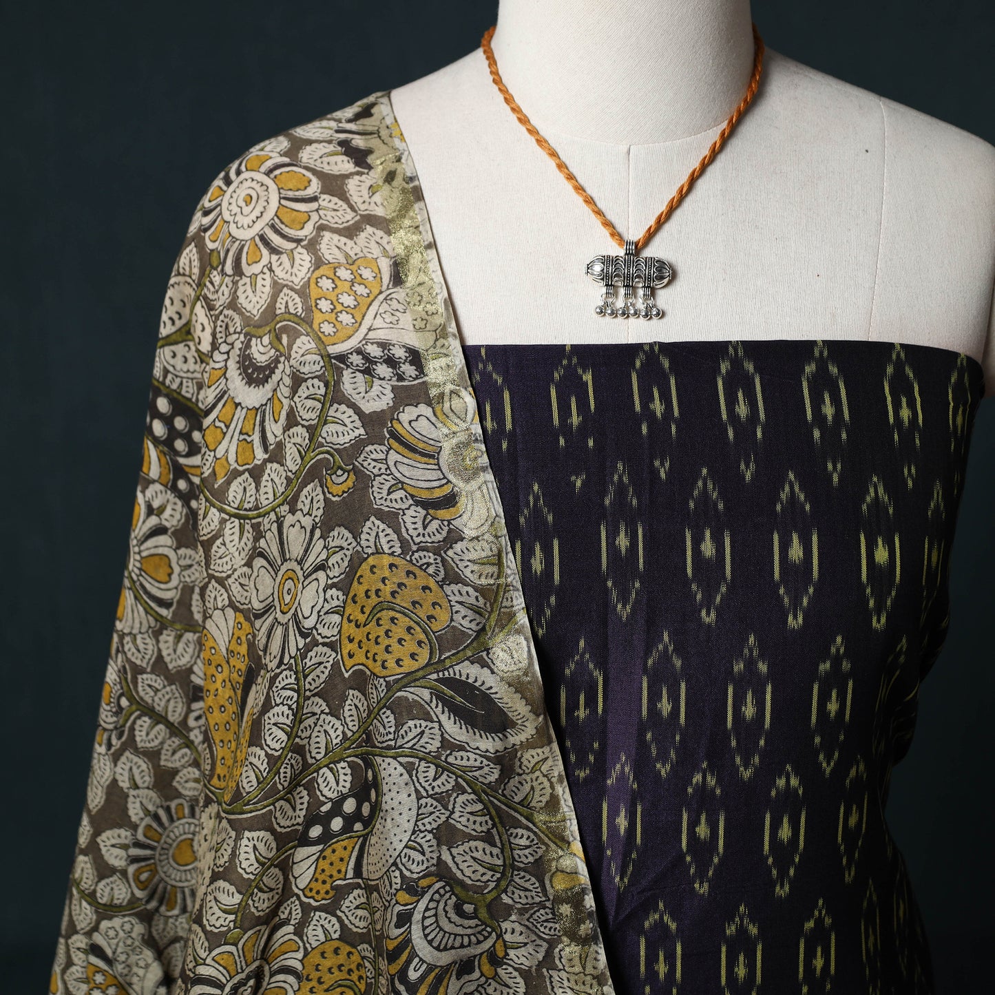 Pochampally Ikat Mercerised Cotton 2pc Unstitched Dress Material Kurta Set with Jewellery 06
