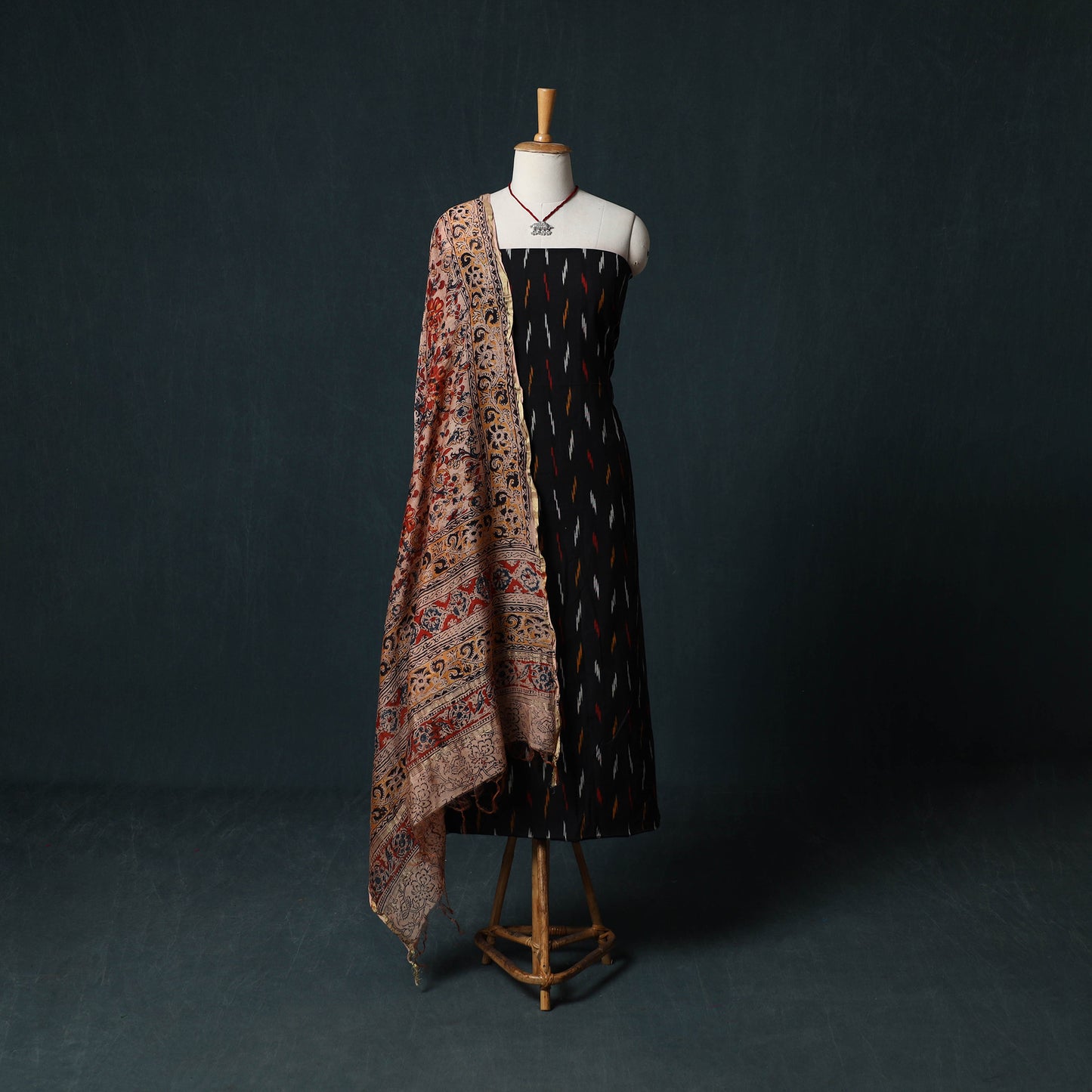 Pochampally Ikat Cotton 2pc Unstitched Dress Material Kurta Set with Jewellery 07