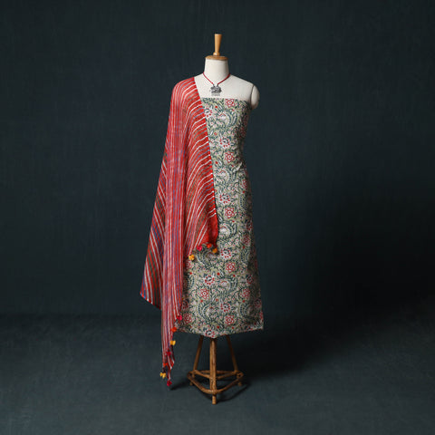 Sanganeri Hand Block Print Cotton 2pc Unstitched Dress Material Kurta Set with Jewellery 08