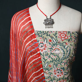 Sanganeri Hand Block Print Cotton 2pc Unstitched Dress Material Kurta Set with Jewellery 08