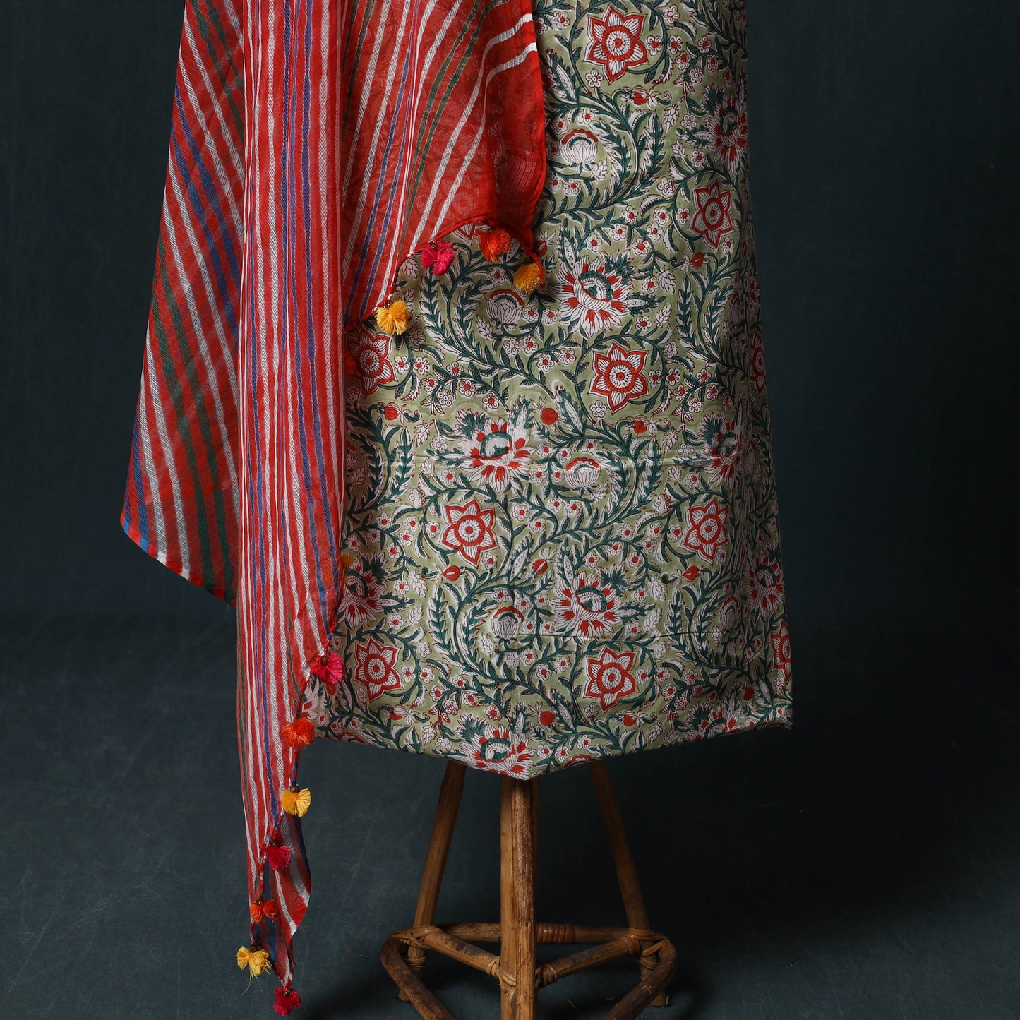 Sanganeri Hand Block Print Cotton 2pc Unstitched Dress Material Kurta Set with Jewellery 08