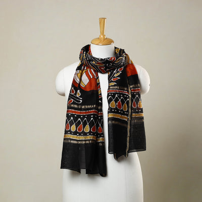 Black - Handloom Chanderi Silk Hand Batik Print Stole 01