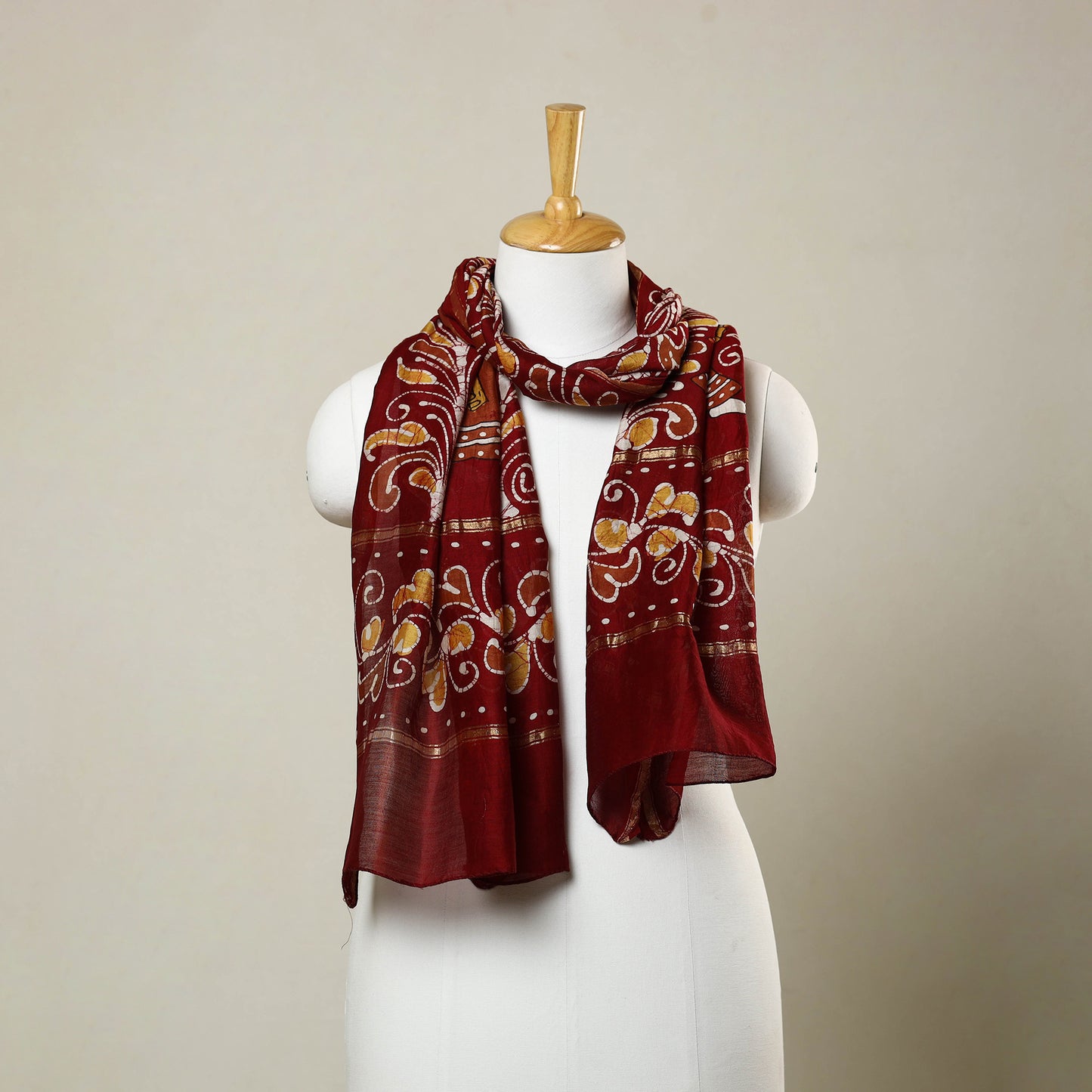 Red - Handloom Chanderi Silk Hand Batik Print Stole 02