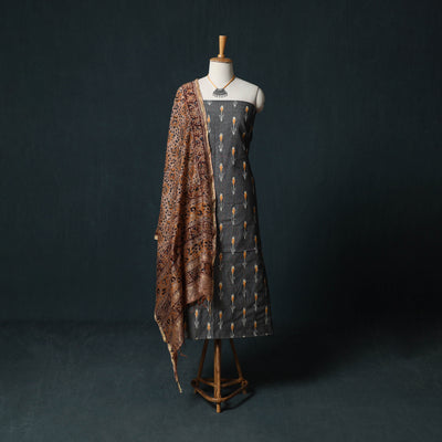 Pochampally Ikat Cotton 2pc Unstitched Dress Material Kurta Set with Jewellery 09