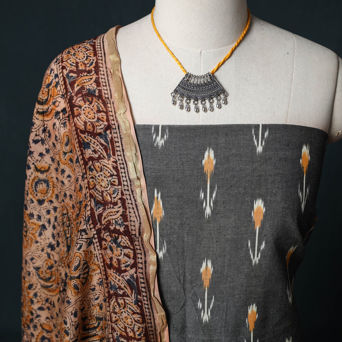 Pochampally Ikat Cotton 2pc Unstitched Dress Material Kurta Set with Jewellery 09