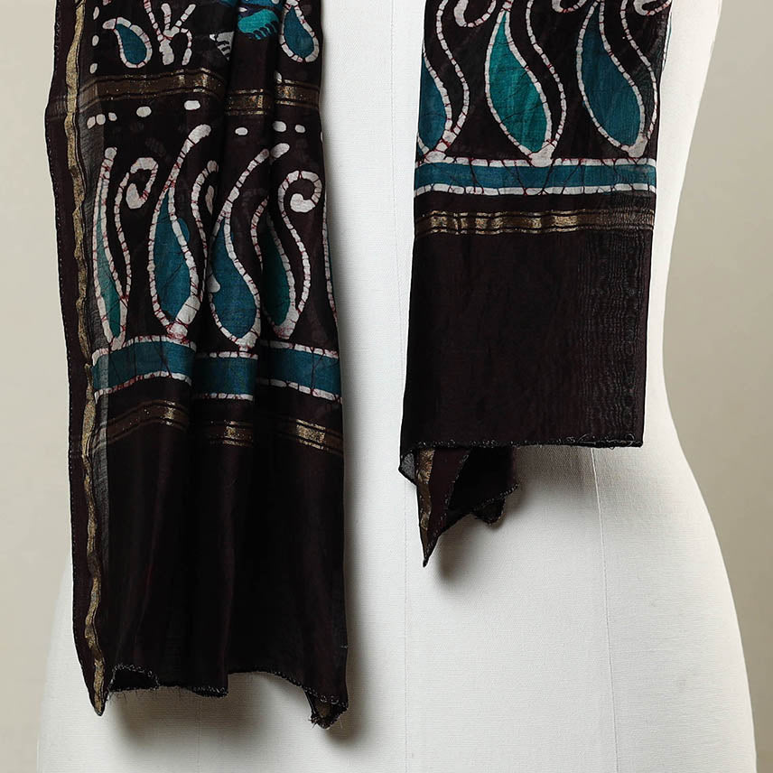 Black - Handloom Chanderi Silk Hand Batik Print Stole 04