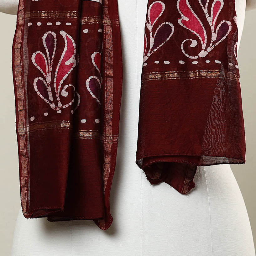 Maroon - Handloom Chanderi Silk Hand Batik Print Stole 05