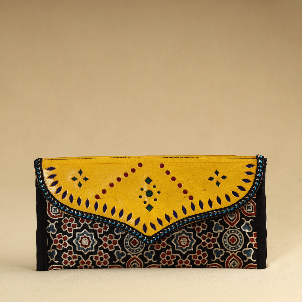 Black - Kutch Embroidery Mashru Silk Handmade Leather Wallet 02