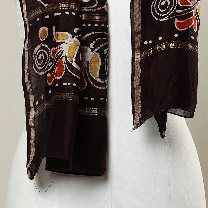 Brown - Handloom Chanderi Silk Hand Batik Print Stole 06