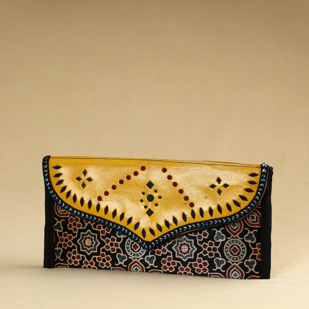 Black - Kutch Embroidery Mashru Silk Handmade Leather Wallet 02