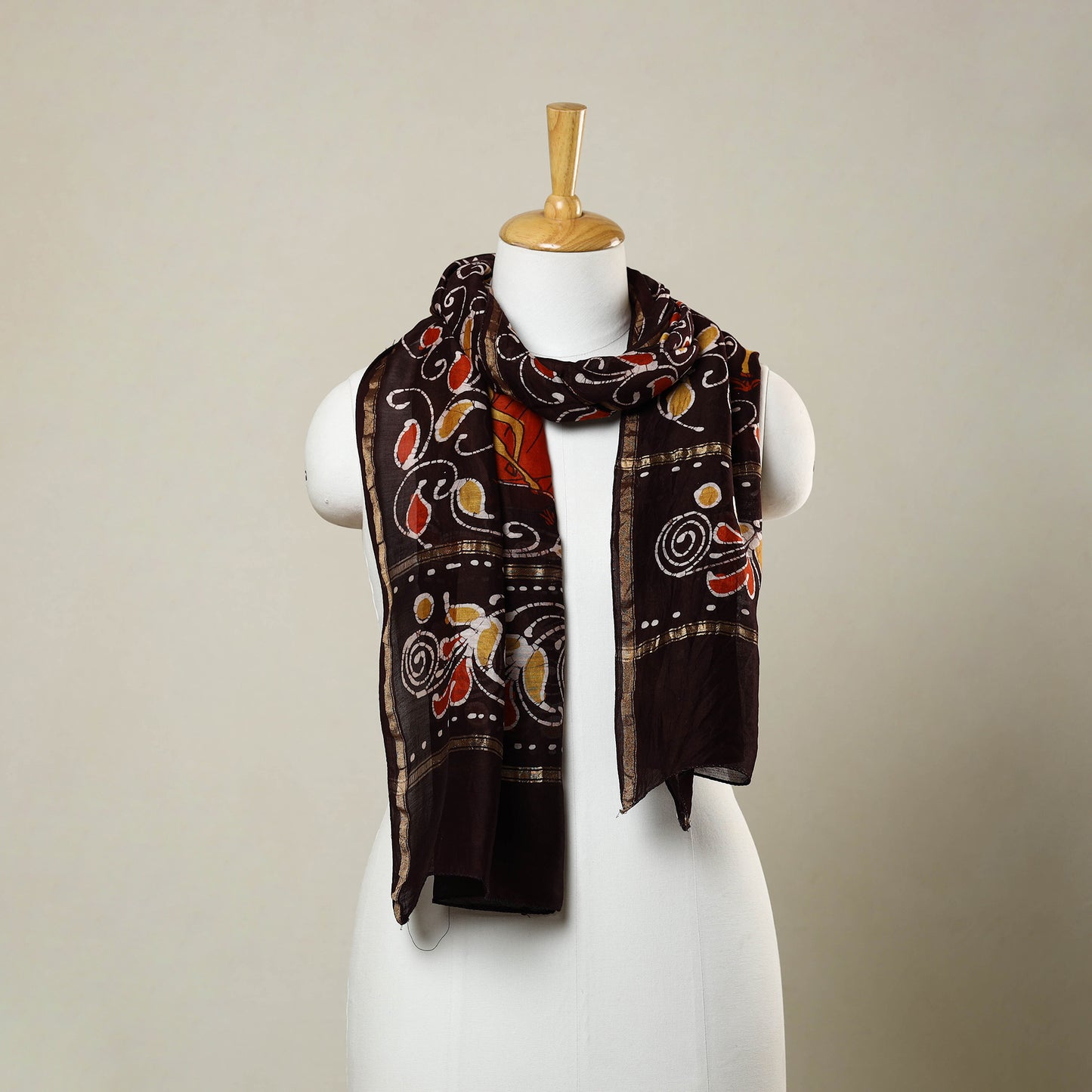 Brown - Handloom Chanderi Silk Hand Batik Print Stole 06