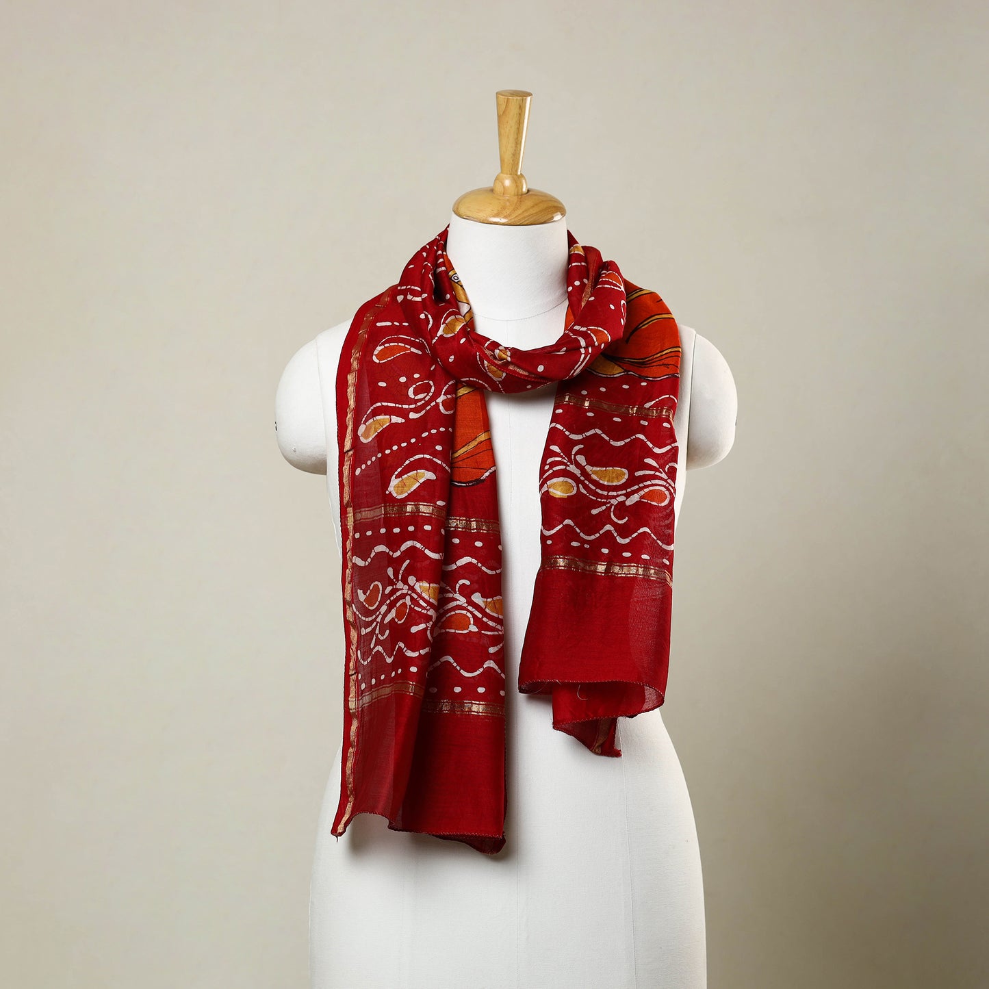 Red - Handloom Chanderi Silk Hand Batik Print Stole 07