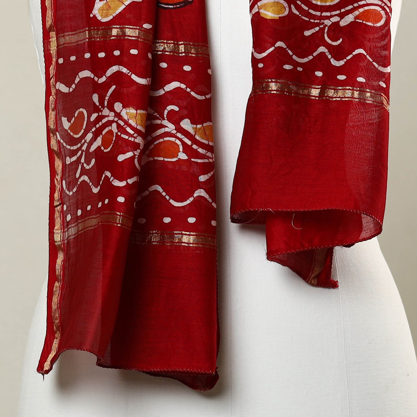 Red - Handloom Chanderi Silk Hand Batik Print Stole 07