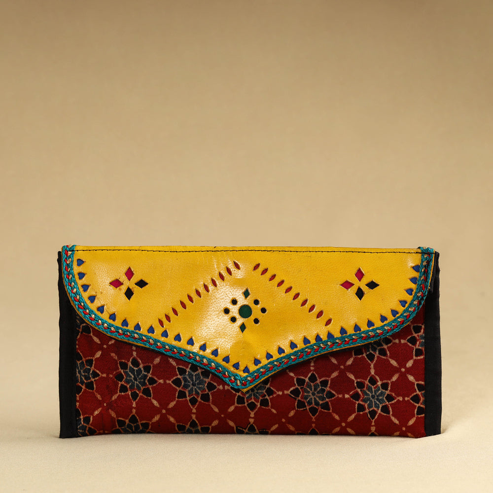 Red - Kutch Embroidery Mashru Silk Handmade Leather Wallet 03