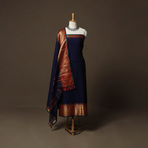 Blue - Dharwad Cotton 3pc Unstitched Dress Material Suit Set with Woven Border 28