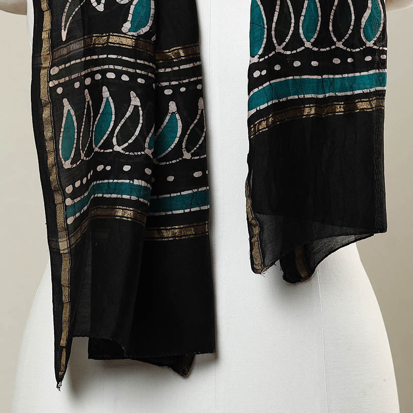 Black - Handloom Chanderi Silk Hand Batik Print Stole 08