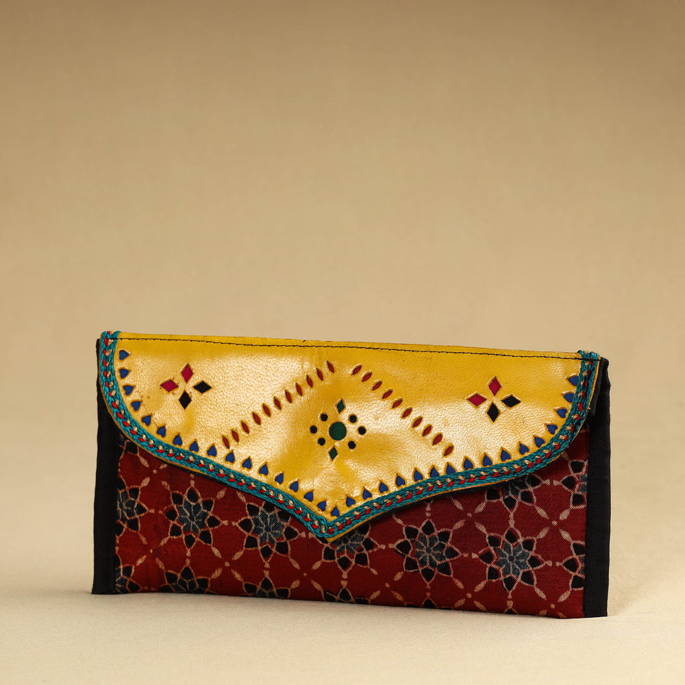 Red - Kutch Embroidery Mashru Silk Handmade Leather Wallet 03