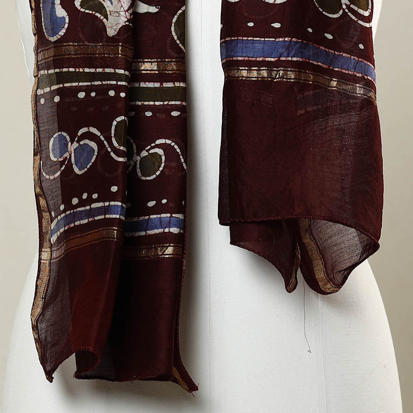 Maroon - Handloom Chanderi Silk Hand Batik Print Stole 09