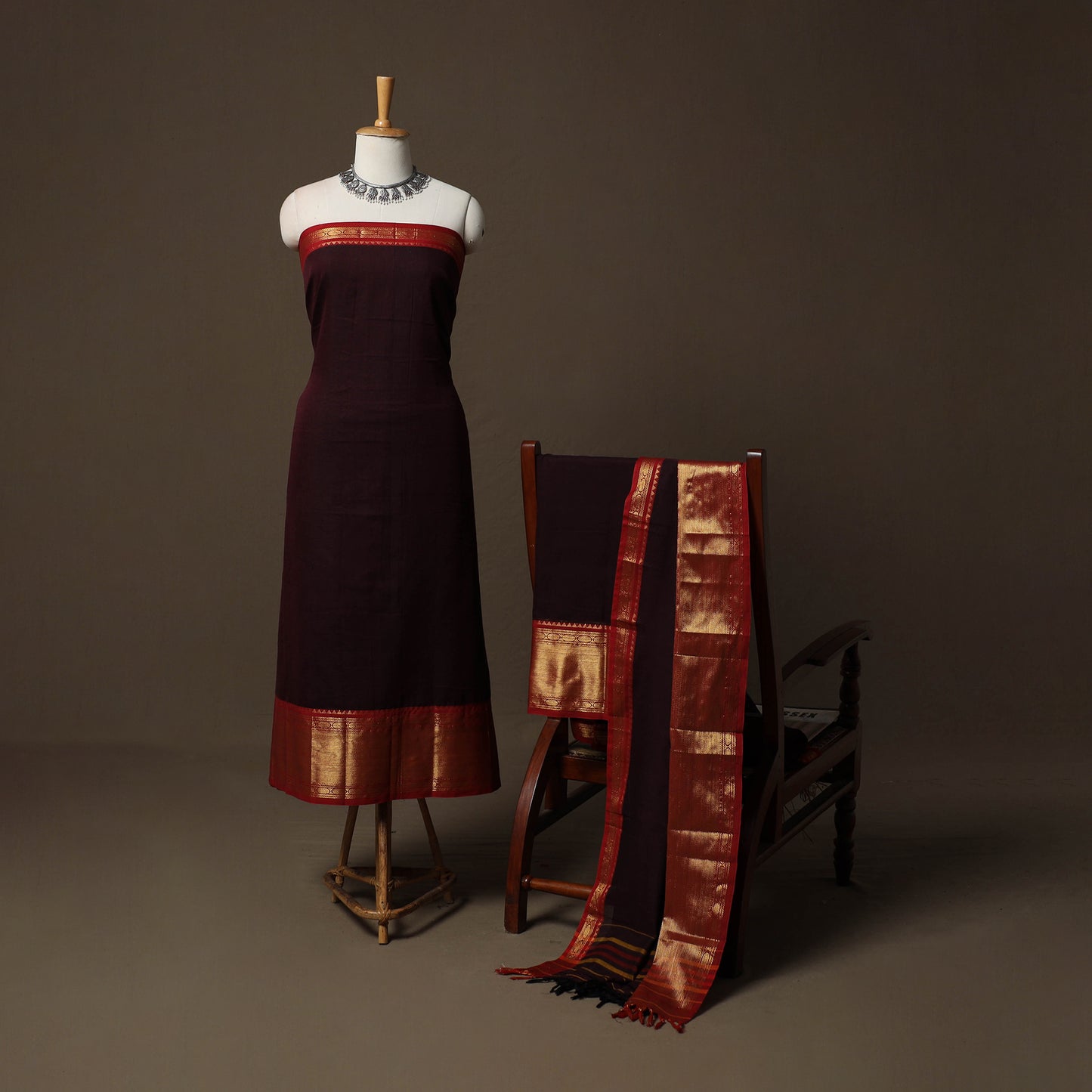 Dharwad Cotton 3pc Unstitched Dress Material Suit Set with Woven Border 27