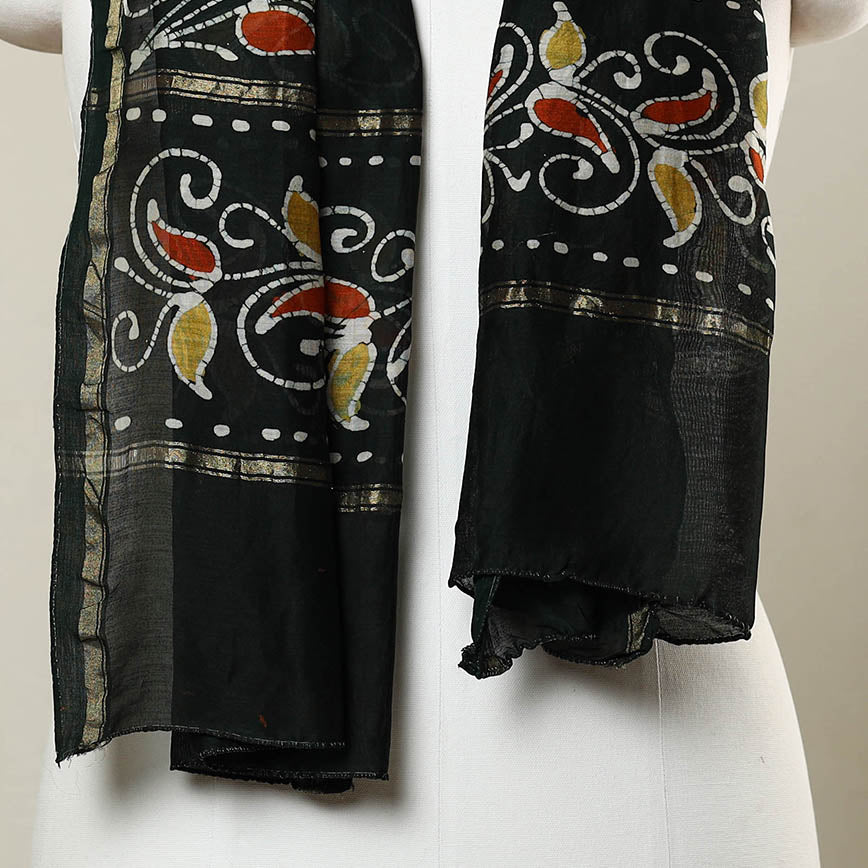 Black - Handloom Chanderi Silk Hand Batik Print Stole 10