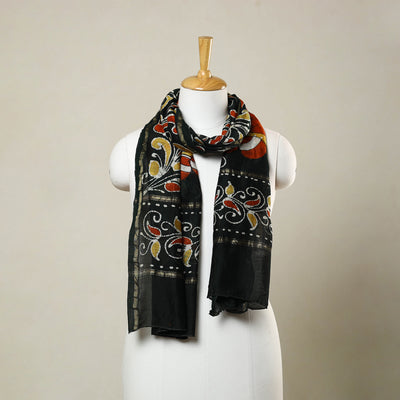 Black - Handloom Chanderi Silk Hand Batik Print Stole 10