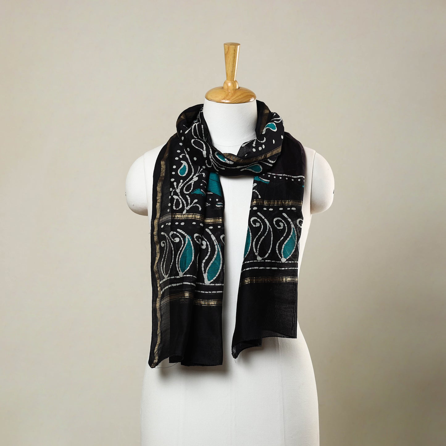 Black - Handloom Chanderi Silk Hand Batik Print Stole 11