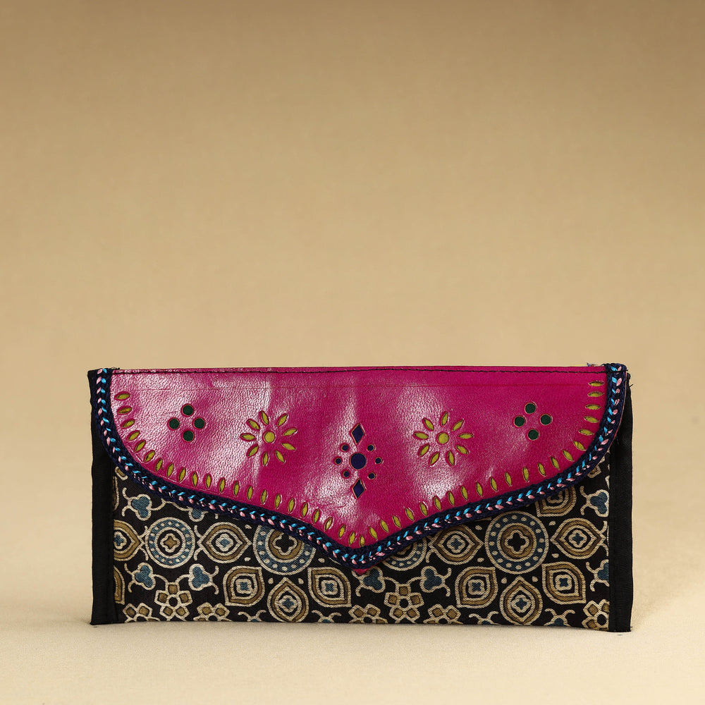 Black - Kutch Embroidery Mashru Silk Handmade Leather Wallet 05