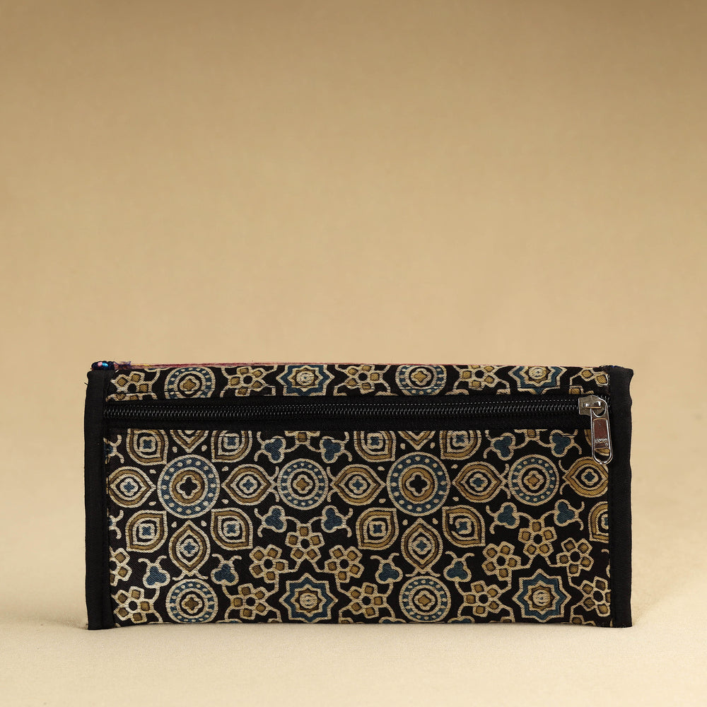 Black - Kutch Embroidery Mashru Silk Handmade Leather Wallet 05