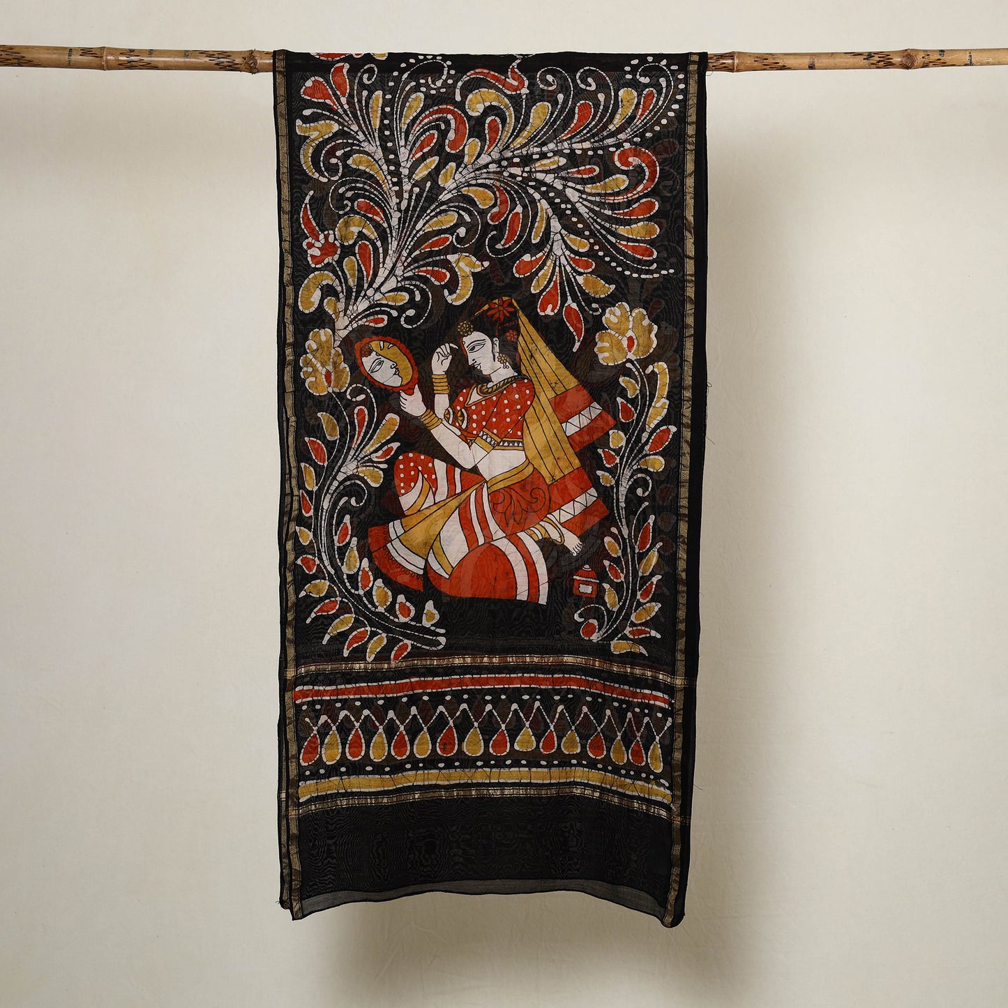 Black - Handloom Chanderi Silk Hand Batik Print Stole 01