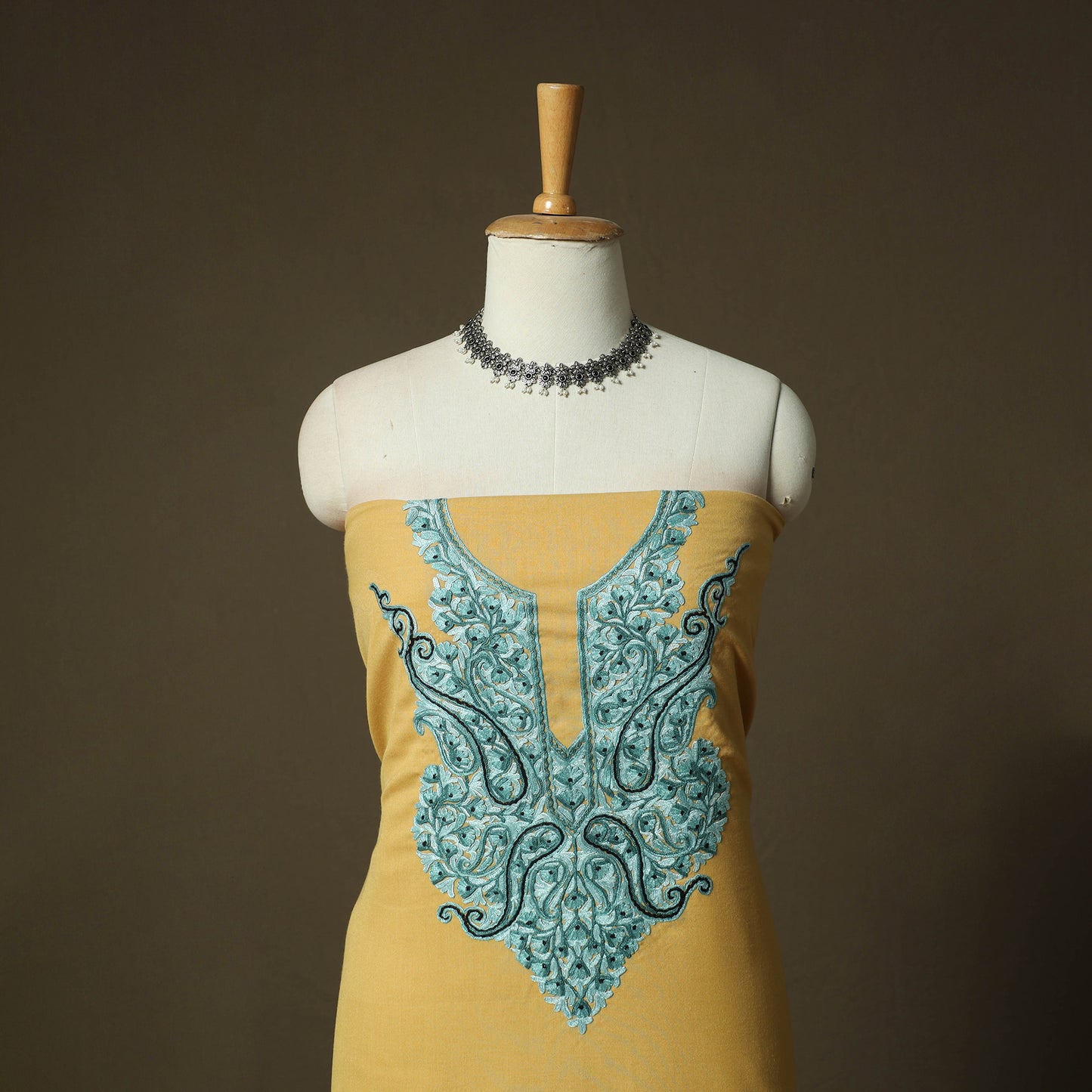 Yellow - Aari Hand Embroidery Cotton 2pc Unstitched Dress Material Kurta Set 12