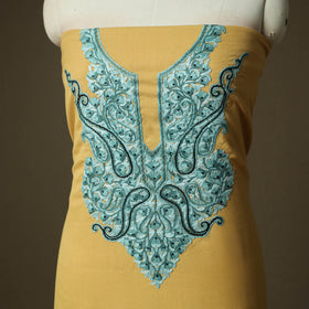 Yellow - Aari Hand Embroidery Cotton 2pc Unstitched Dress Material Kurta Set 12
