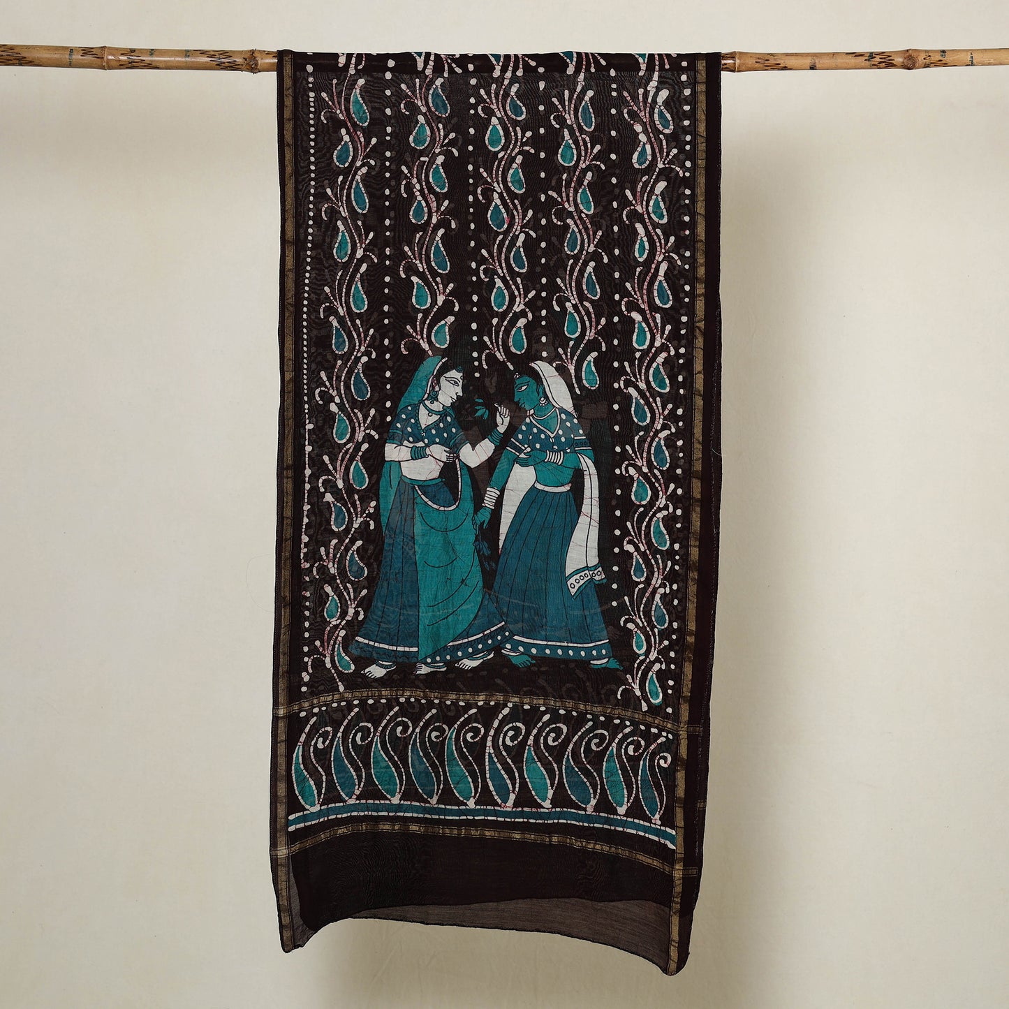 Black - Handloom Chanderi Silk Hand Batik Print Stole 04