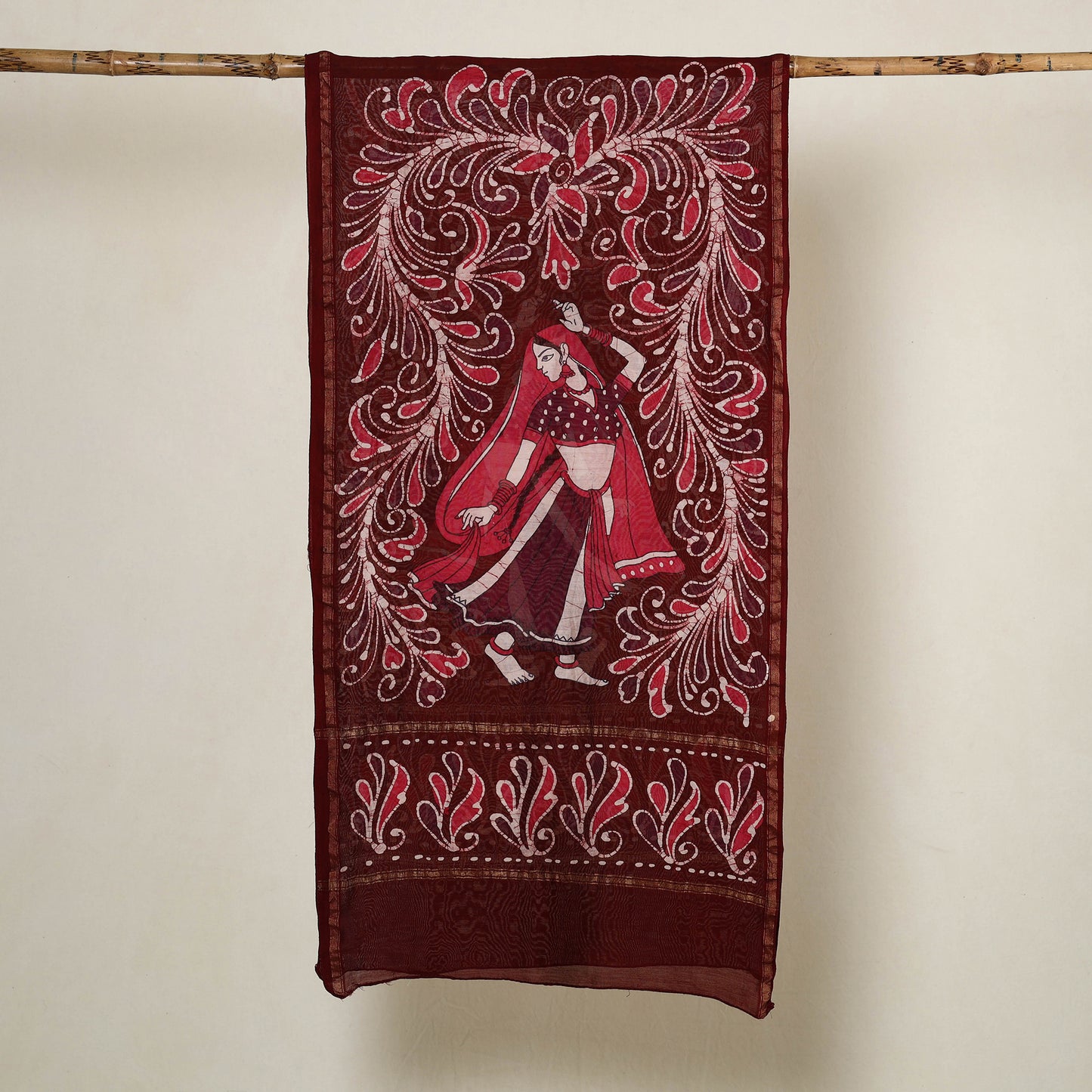 Maroon - Handloom Chanderi Silk Hand Batik Print Stole 05