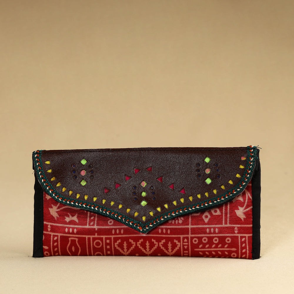 Red - Kutch Embroidery Mashru Silk Handmade Leather Wallet 09