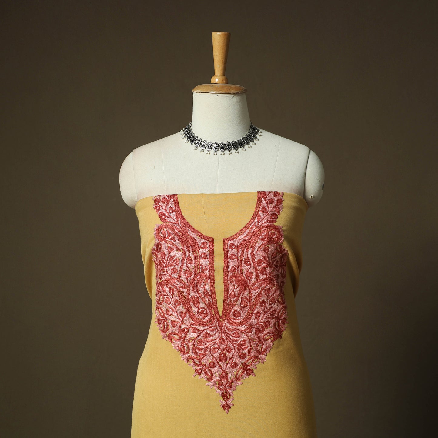 Yellow - Aari Hand Embroidery Cotton 2pc Unstitched Dress Material Kurta Set 13