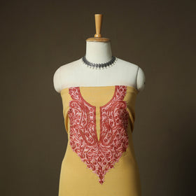 Yellow - Aari Hand Embroidery Cotton 2pc Unstitched Dress Material Kurta Set 13