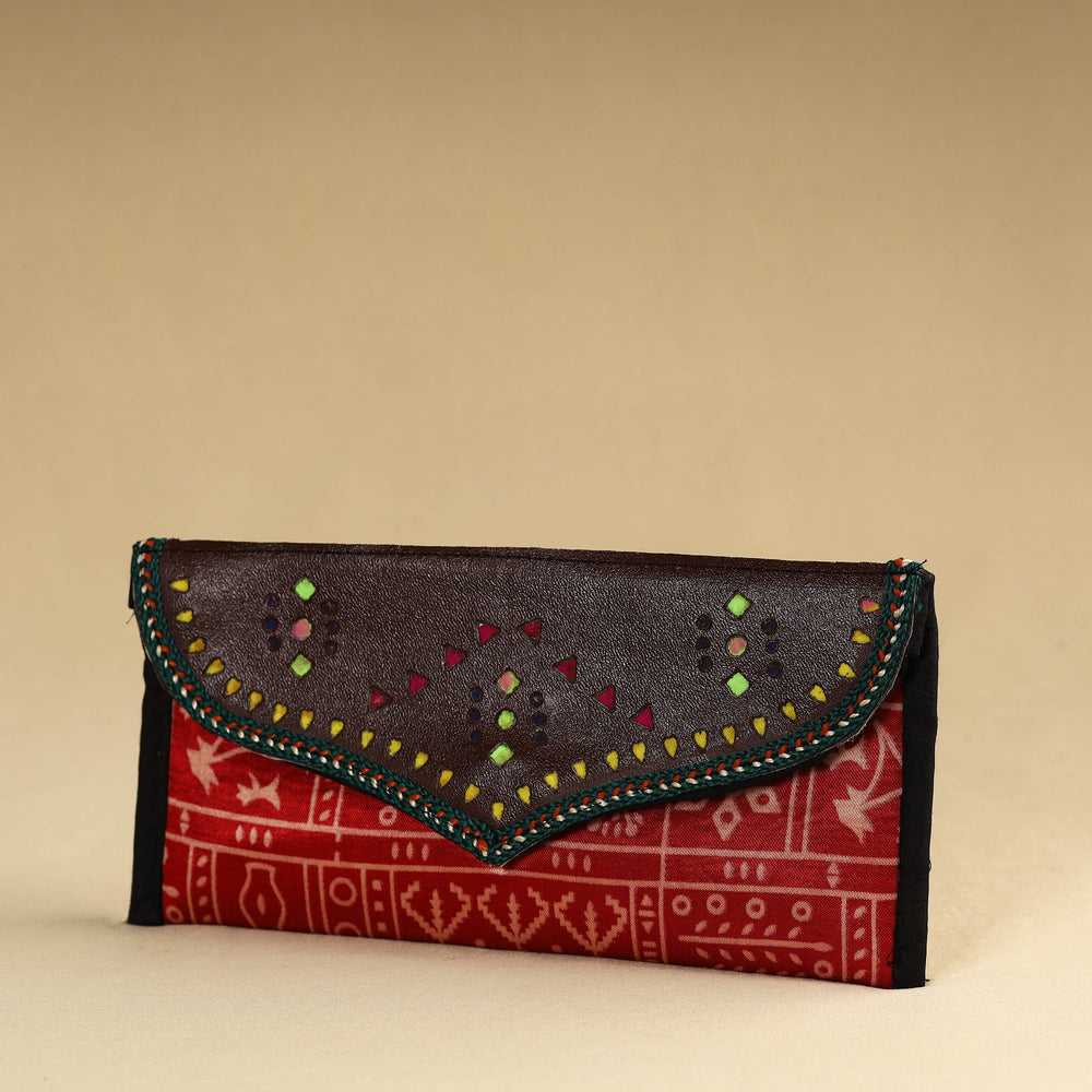 Red - Kutch Embroidery Mashru Silk Handmade Leather Wallet 09