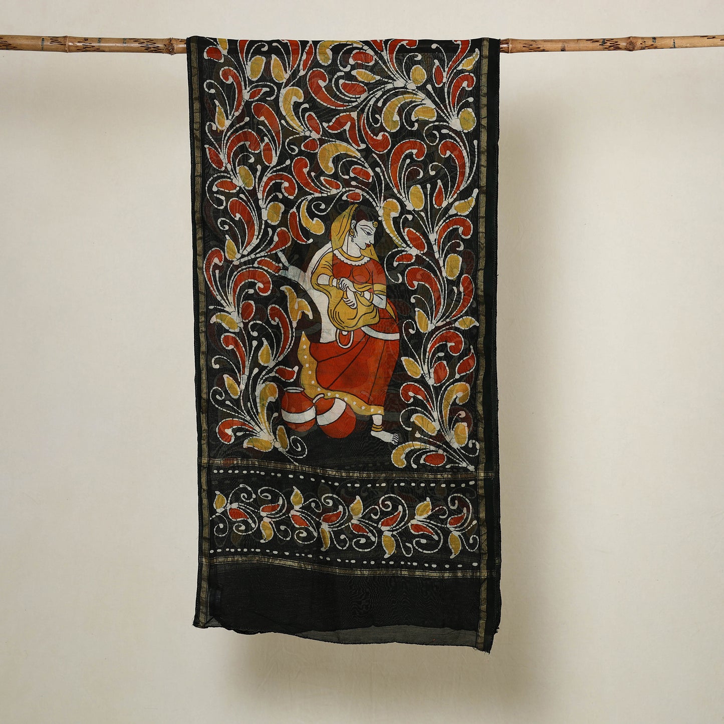 Black - Handloom Chanderi Silk Hand Batik Print Stole 10