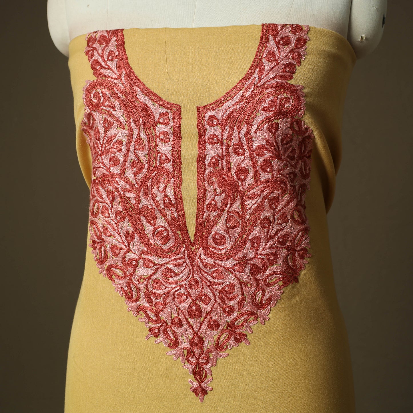 Yellow - Aari Hand Embroidery Cotton 2pc Unstitched Dress Material Kurta Set 13